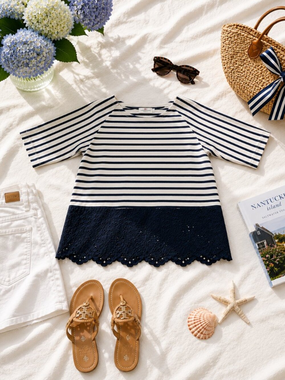 Vineyard Vines Blue White Striped Top Coastal Grandmother Eyelet Size L